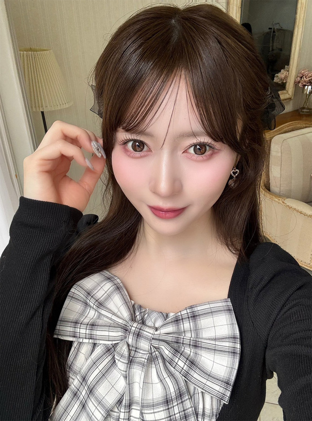 チェック柄リボンリブトップス