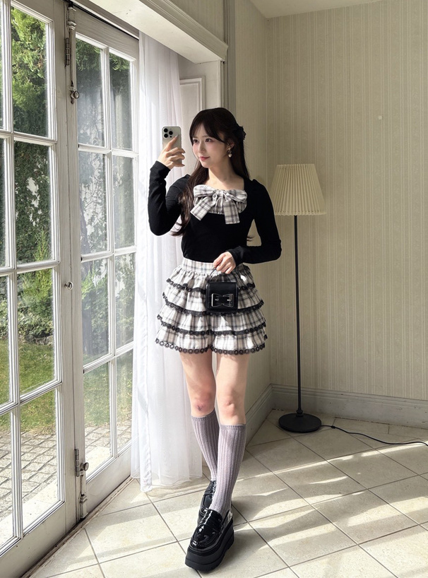 チェック柄リボンリブトップス