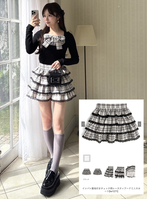 インパン裏地付きチェック柄レースティアードミニスカート