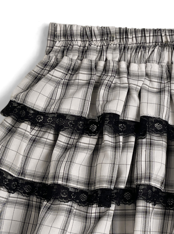 インパン裏地付きチェック柄レースティアードミニスカート