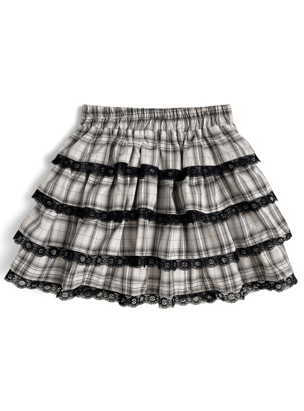 インパン裏地付きチェック柄レースティアードミニスカート