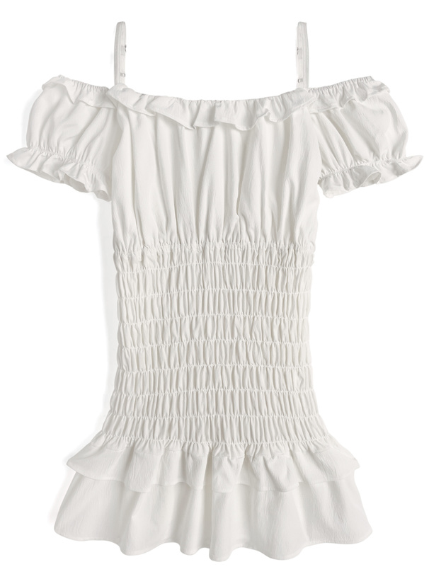 シャーリングフリルオフショルダーミニワンピース