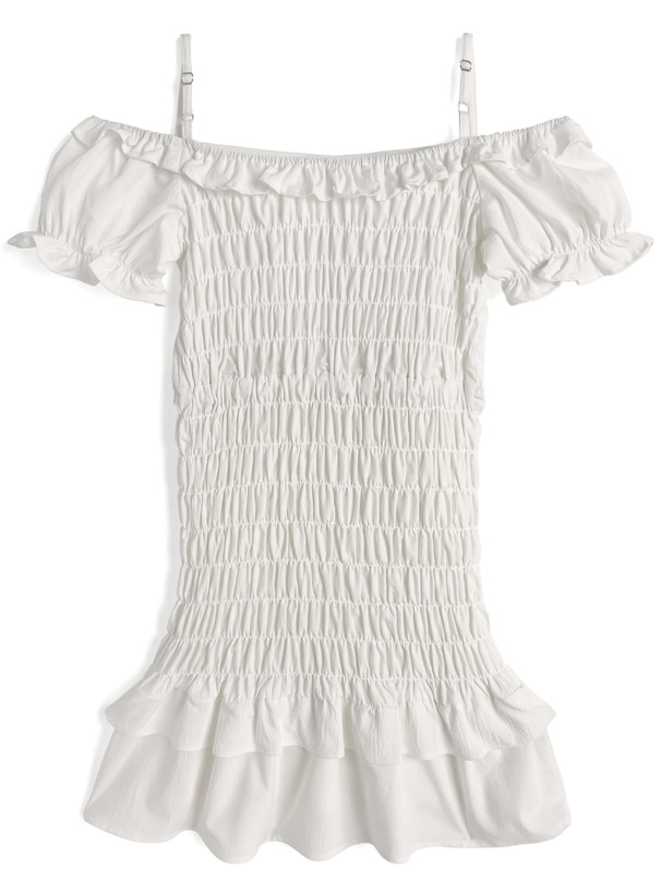 シャーリングフリルオフショルダーミニワンピース