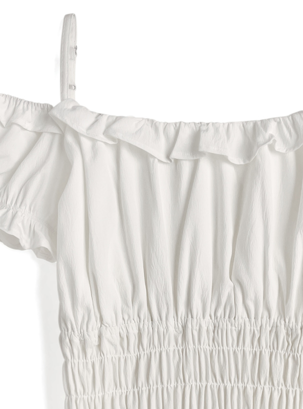 シャーリングフリルオフショルダーミニワンピース