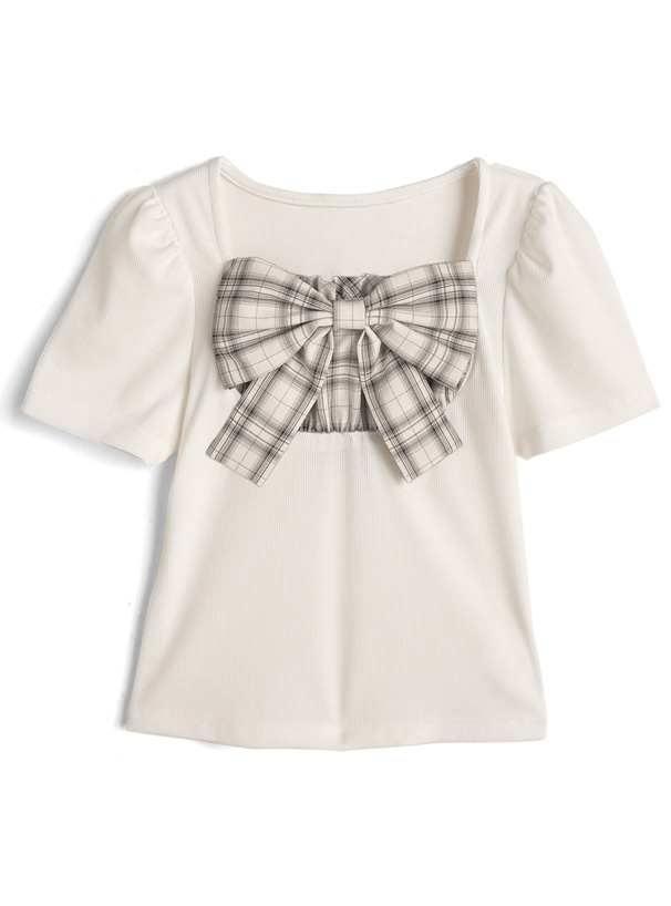 チェック柄リボンドッキングリブトップス