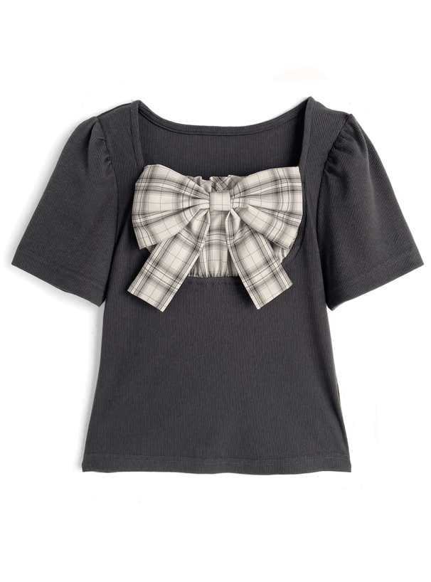 チェック柄リボンドッキングリブトップス