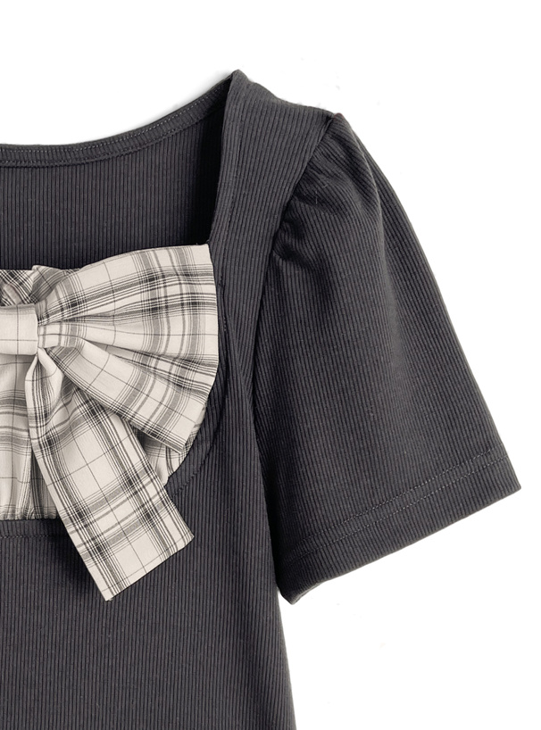 チェック柄リボンドッキングリブトップス