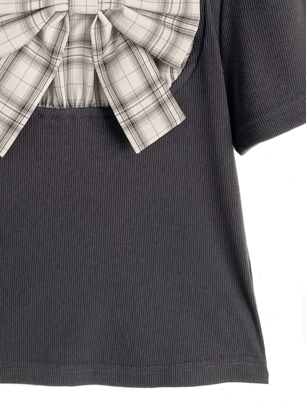 チェック柄リボンドッキングリブトップス