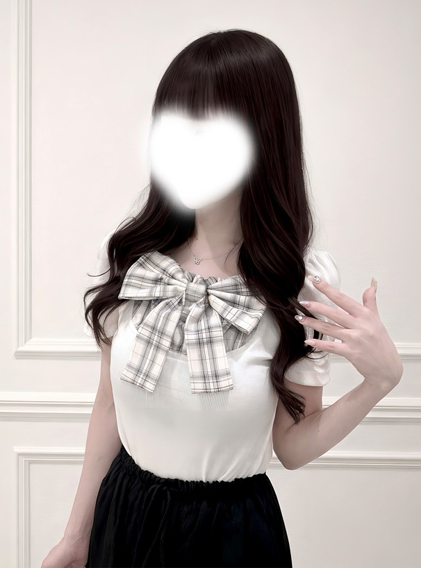 チェック柄リボンドッキングリブトップス