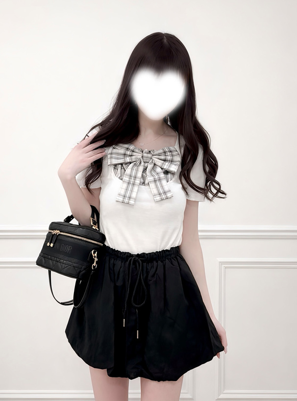 チェック柄リボンドッキングリブトップス