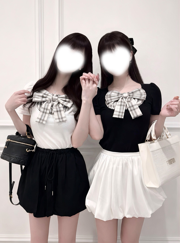 チェック柄リボンドッキングリブトップス