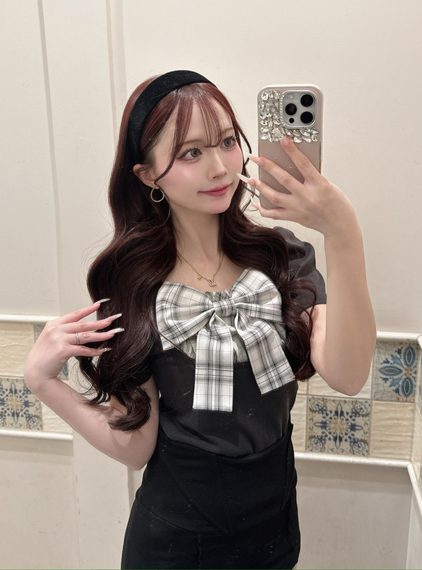 チェック柄リボンドッキングリブトップス