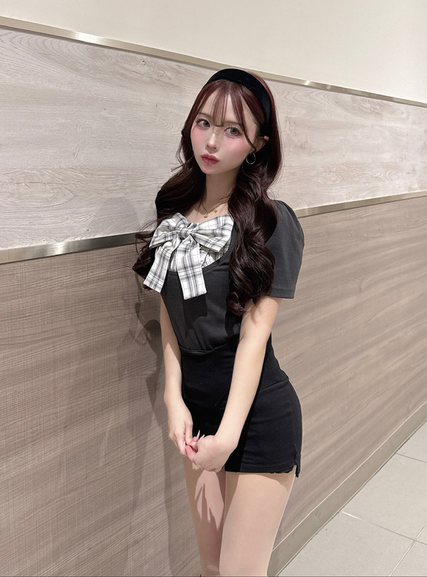 チェック柄リボンドッキングリブトップス