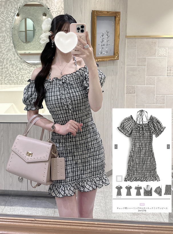 2Wayチェック柄シャーリングホルターネックミニワンピース[tw1279