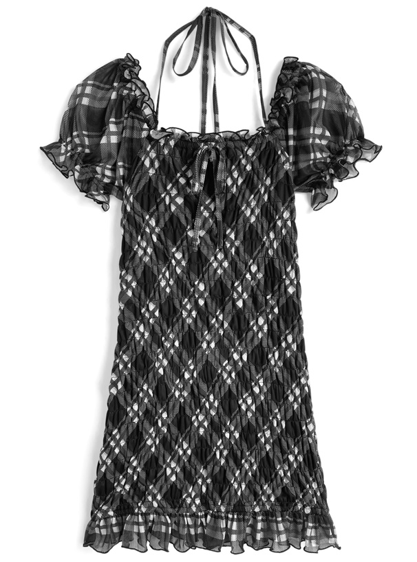 チェック柄シャーリングホルターネックミニワンピース