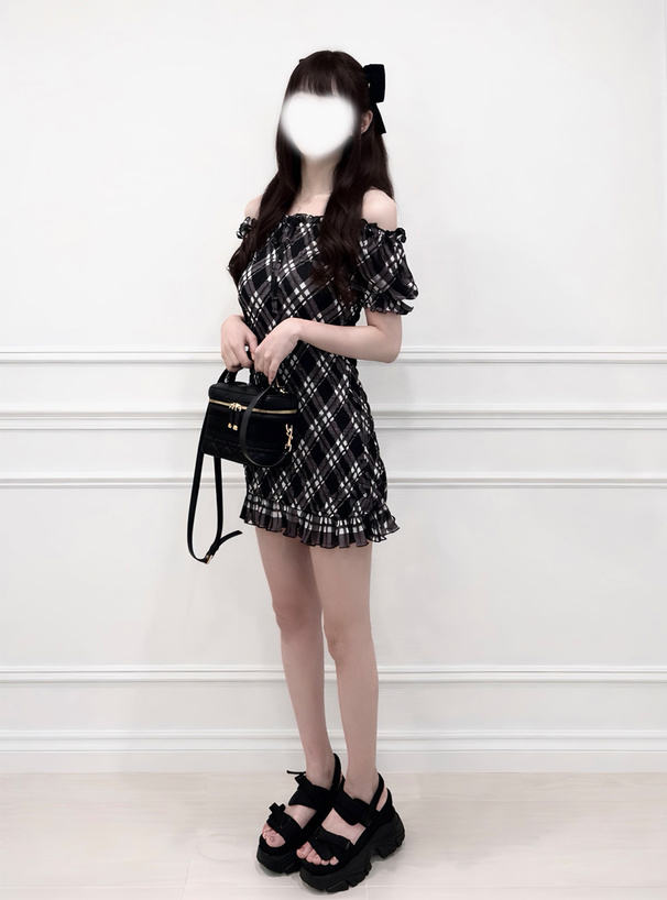 2Wayチェック柄シャーリングホルターネックミニワンピース