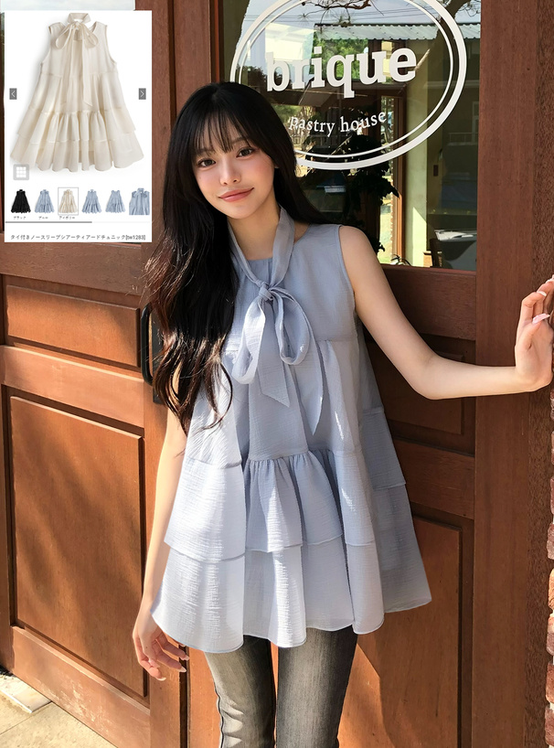 タイ付きノースリーブシアーティアードチュニック