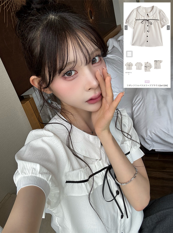 【リボンちゃん様おまとめ】シャイニーパフブラウス、パフスリーブカットソー リボンフリルパフスリーブブラウス[tw1284] | レディースファッション