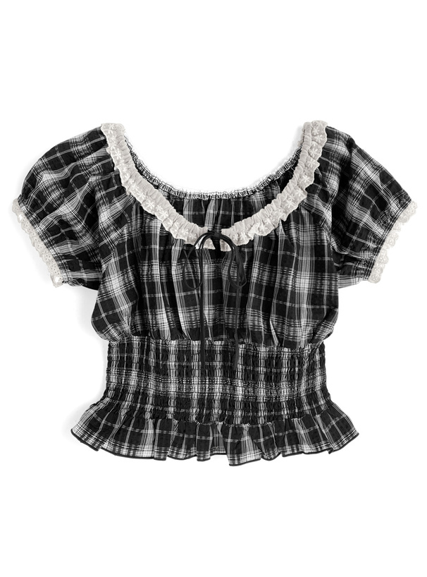 チェック柄リボンレースシャーリングブラウス