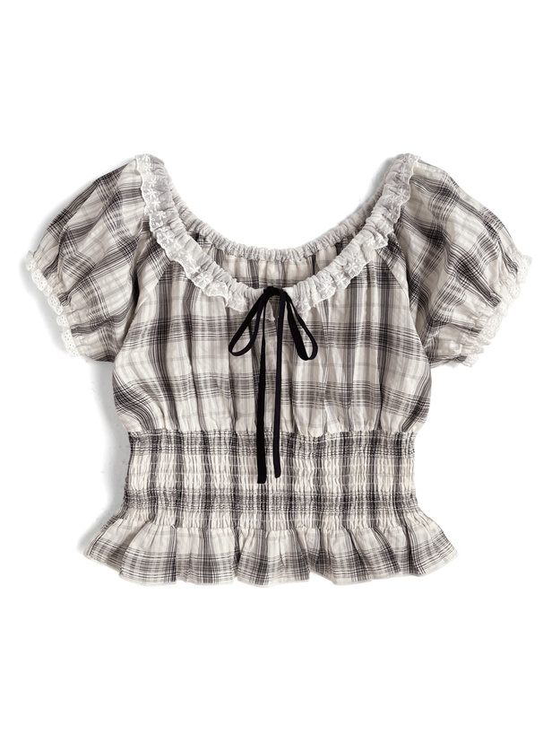 チェック柄リボンレースシャーリングブラウス