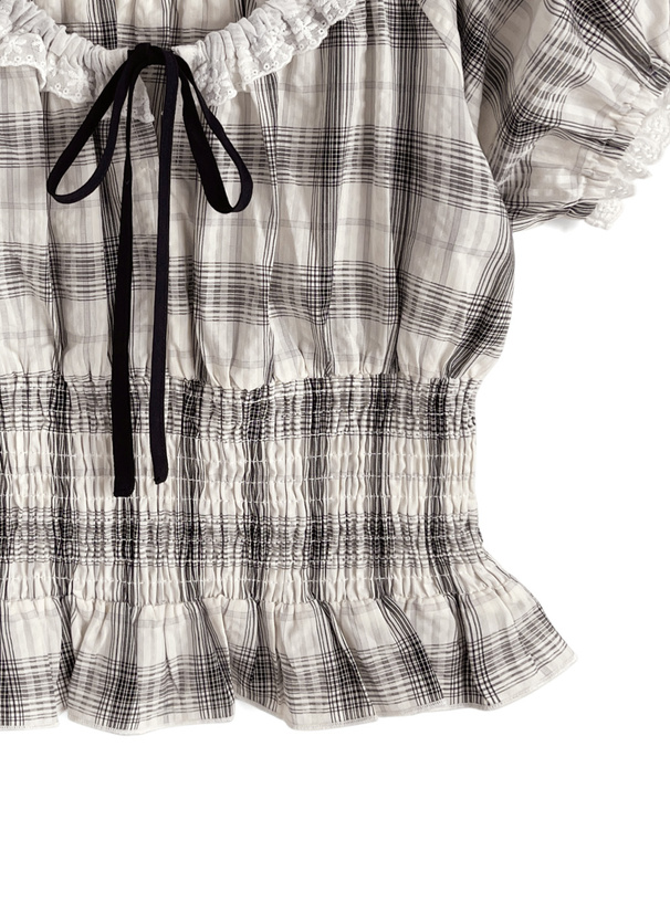 チェック柄リボンレースシャーリングブラウス