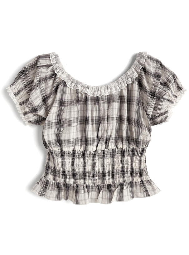 チェック柄リボンレースシャーリングブラウス
