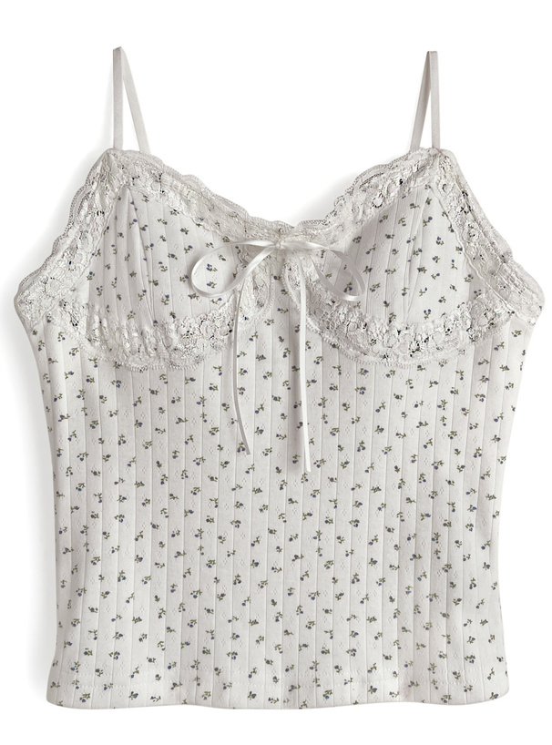 カップ付き小花柄リボンレースキャミソール