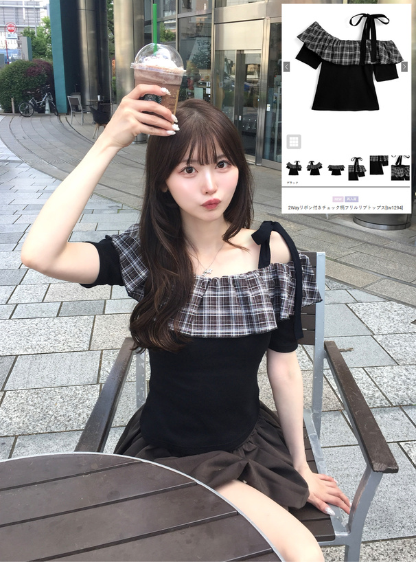 2Wayリボン付きチェック柄フリルリブトップス[tw1294] | レディース