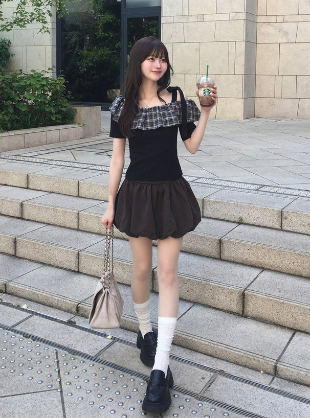 2Wayリボン付きチェック柄フリルリブトップス