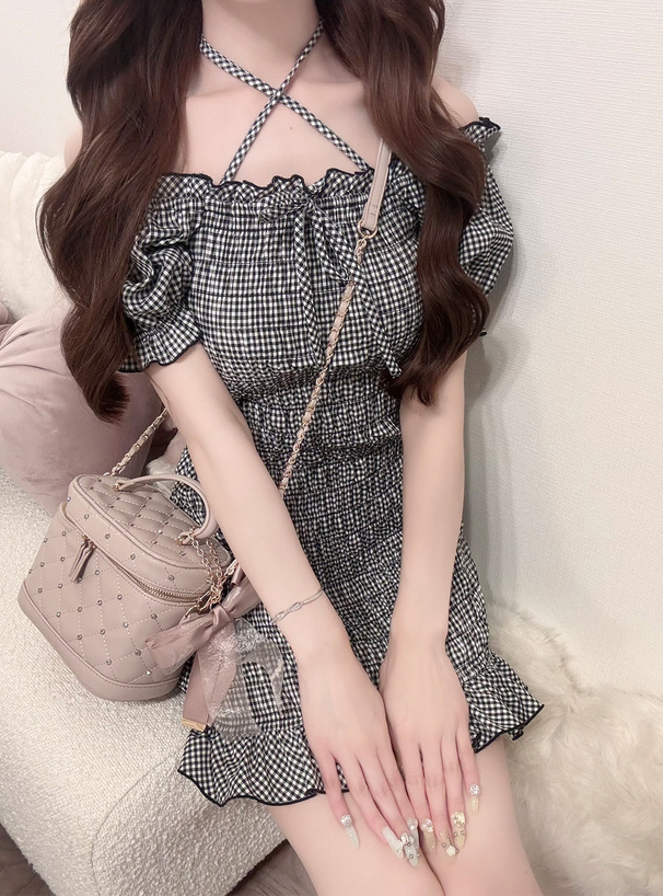 2Wayギンガムチェック柄シャーリングホルターネックミニワンピース