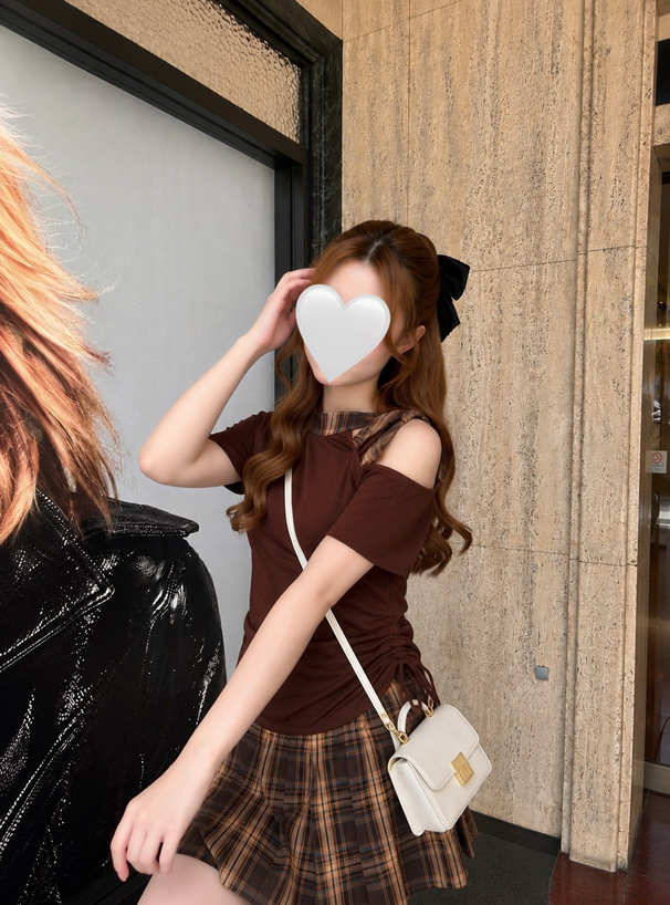 チェック柄ドッキングネックリボンワンショルダーミニワンピース