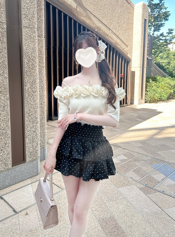 ドット柄シャーリングティアードミニスカートパンツ