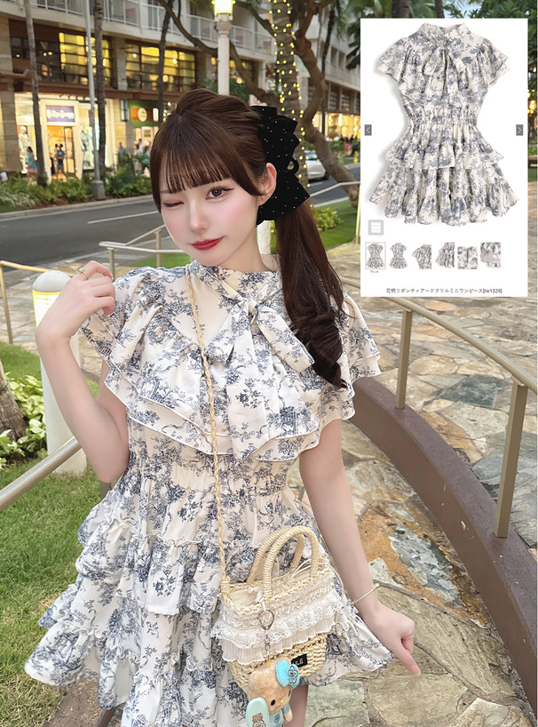 花柄リボンティアードフリルミニワンピース