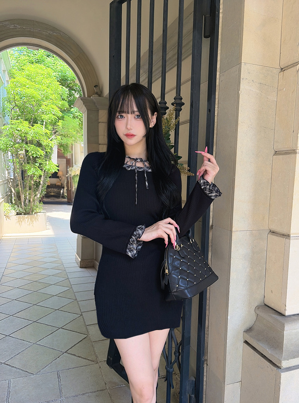チェック柄リボンリブニットミニワンピース