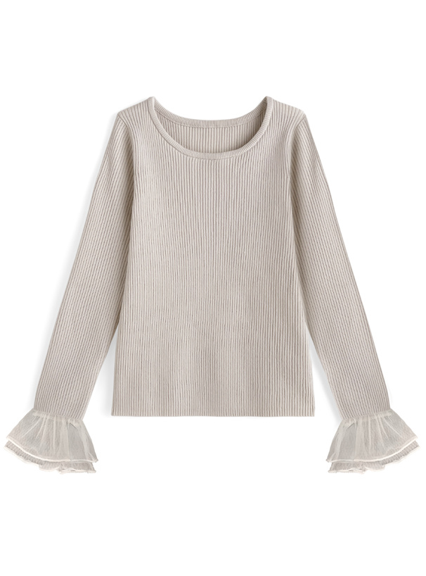 袖チュールリブニットトップス
