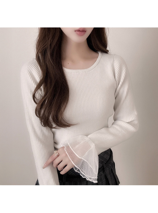 袖チュールリブニットトップス