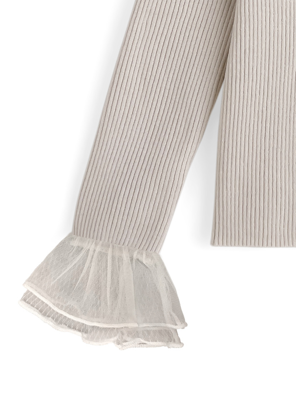 袖チュールリブニットトップス