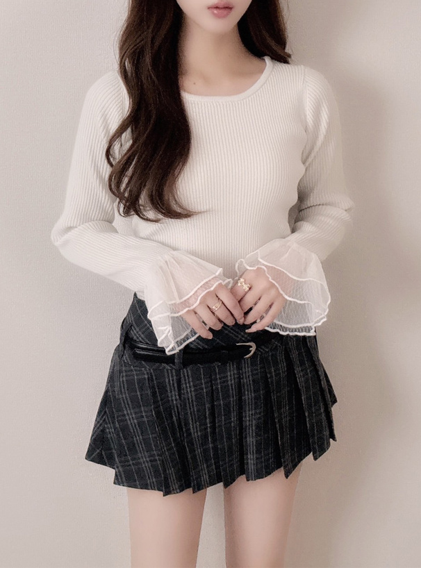 袖チュールリブニットトップス