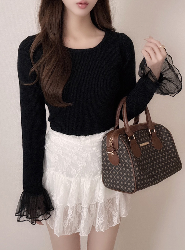 袖チュールリブニットトップス