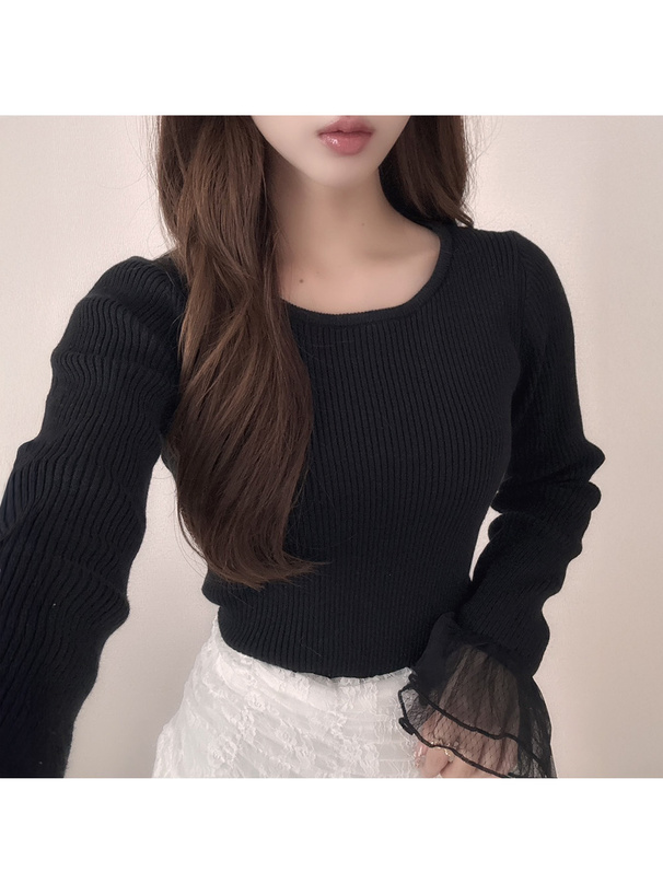 袖チュールリブニットトップス