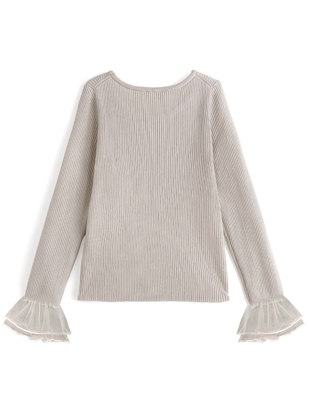 袖チュールリブニットトップス