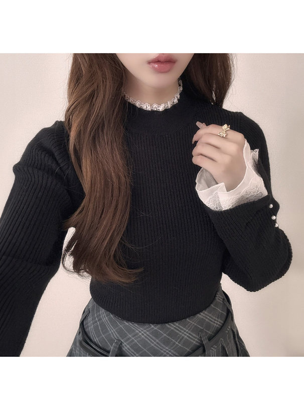 レース切替リブニットトップス