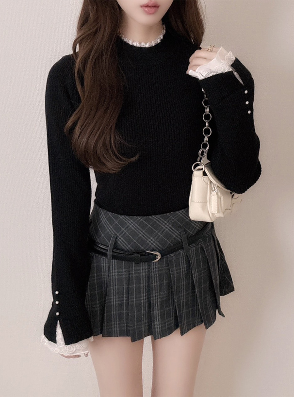 レース切替リブニットトップス