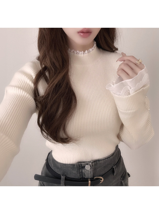 レース切替リブニットトップス