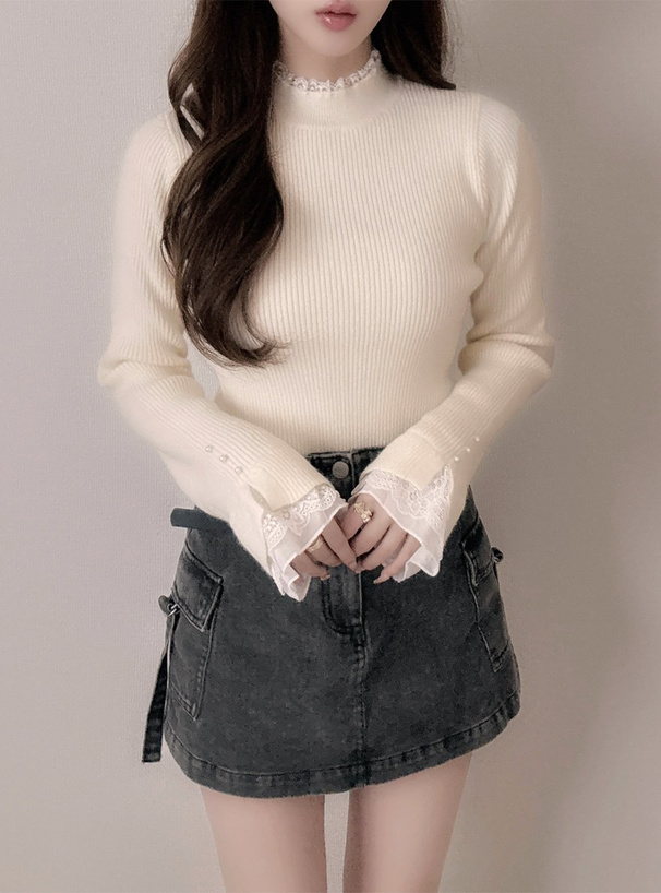 レース切替リブニットトップス