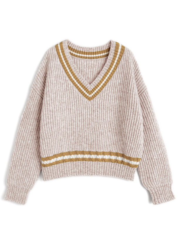Vネック配色ラインリブニットトップス