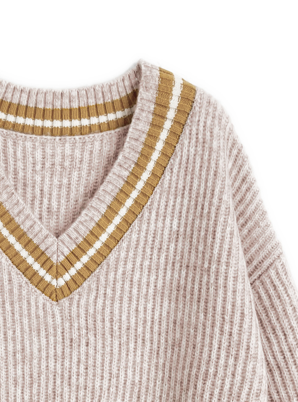 Vネック配色ラインリブニットトップス
