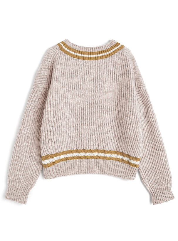 Vネック配色ラインリブニットトップス