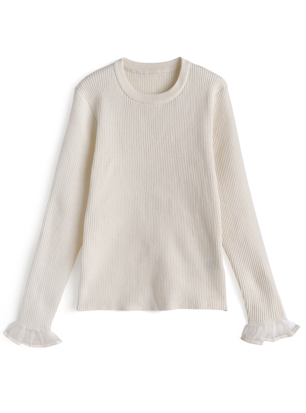 袖シアーフリルリブニットトップス