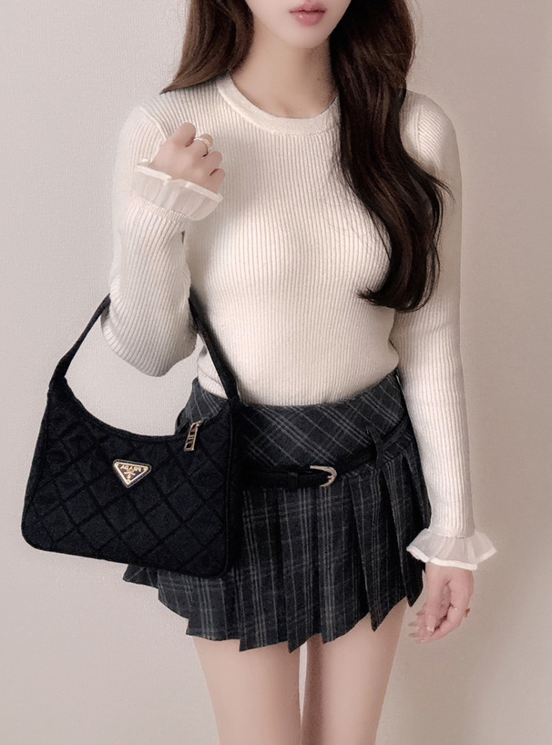 袖シアーフリルリブニットトップス